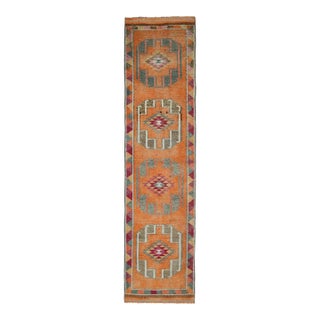 1970s Vintage Turkish Hand-Knotted Wool Cotton Orange Runner Rug For Sale