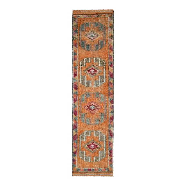 1970s Vintage Turkish Hand-Knotted Wool Cotton Orange Runner Rug For Sale