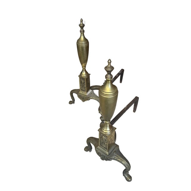 Pair of VIntage Brass Andirons in Regency Revival Style For Sale In Chicago - Image 6 of 11