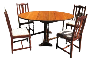 Classic English Dining Table & Set of Four English Solid-Oak Dining Chairs, With Barley Twist Legs and Drop-in Seats.