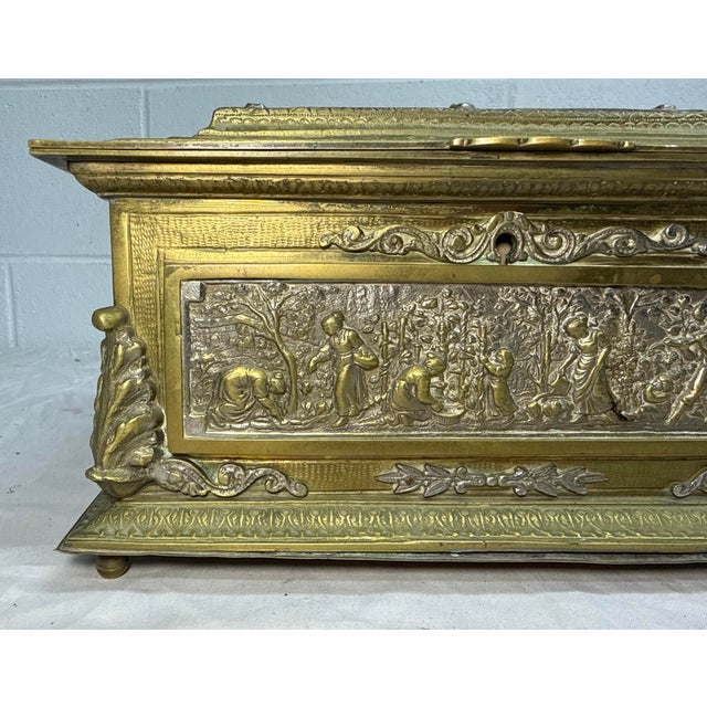 Large Antique Spanish Baroque 2 Tone Heavy Brass Ornate Dresser Casket Desk Box For Sale - Image 4 of 16