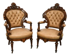 Surperb Pair of Antique American Buttoned Back Leather & Mahogany Arm Chairs