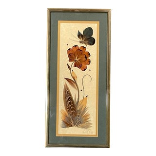 1983 Pheasant Feather Art, Floral Botanicals With a Butterfly, by Paulette Marr, Framed. For Sale