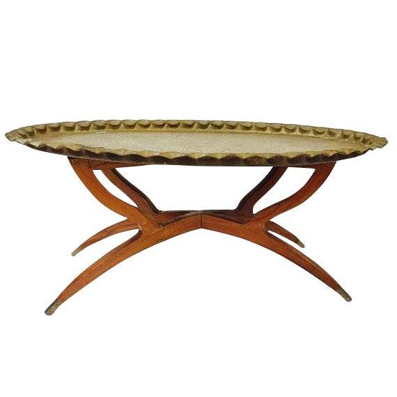 Mid Century Modern Oval Brass Tea Tray Table 40 Moroccan Coffee Table With Spider Leg Base Chairish