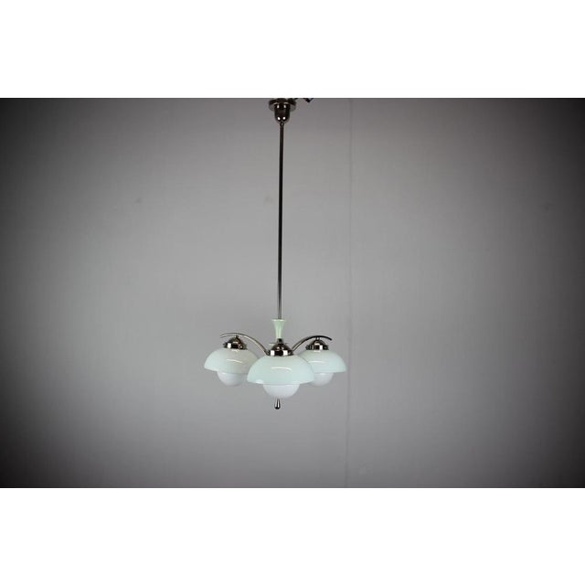 Art Deco Mint Glass and Chrome Chandelier, Former Czechoslovakia, 1930s For Sale - Image 6 of 14