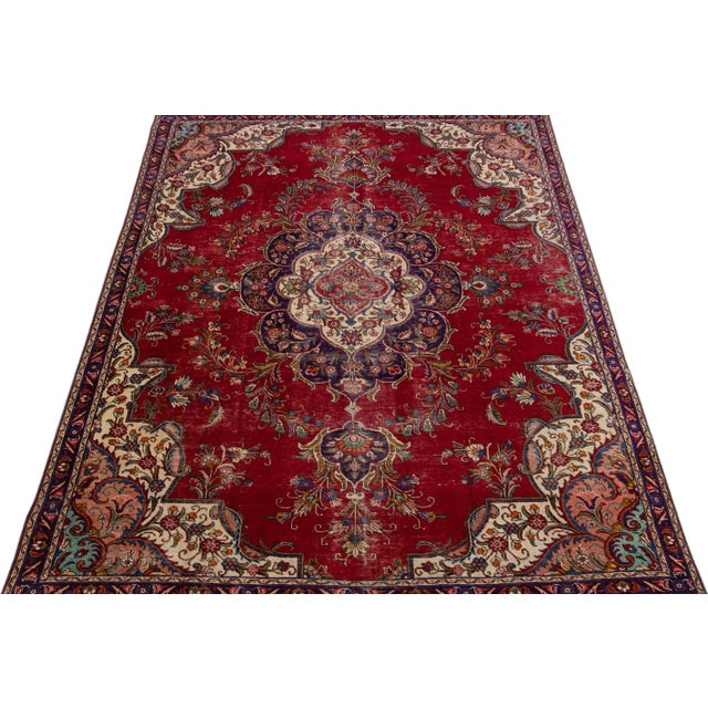 Persian 1960s Vintage Persian Tabriz Handmade Medallion Red Wool Rug For Sale - Image 3 of 7