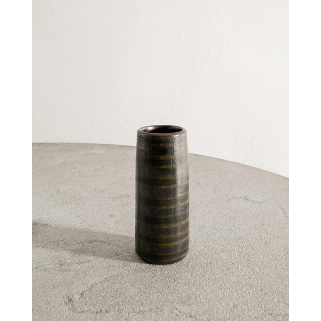 Rare and early Swedish mid century dark brown stoneware cylinder vase with a beautiful decor by Arthur Andersson produced...
