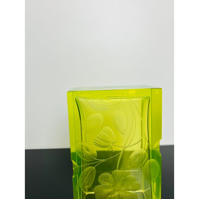 Karlsbad Uranium Glass Vase with Hand-Engraved Floral Décor by Moser, Czechoslovakia, 1920s For Sale - Image 9 of 13