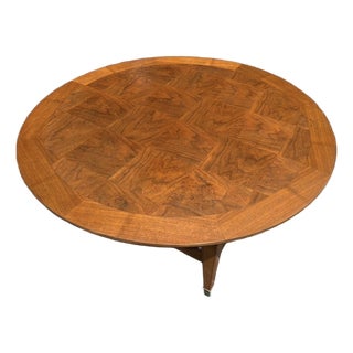 Refinished Mid Century Round Parquetry Coffee Table For Sale