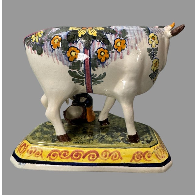 Antique Dutch Faience Delft Porcelain Figural Cow & Milkmaid Statue For Sale - Image 6 of 8