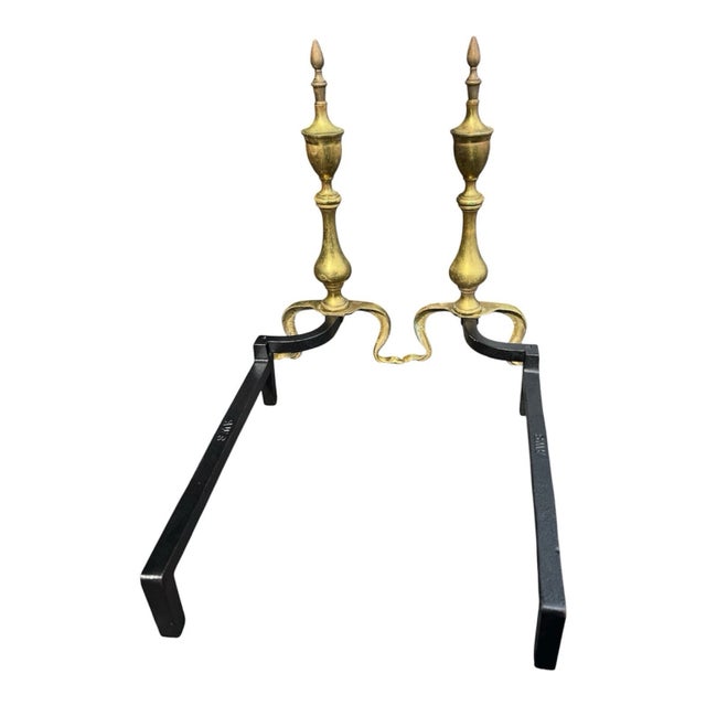 Pair 1920s Antique Brass Fireplace Andirons Queen Anne Style Firedogs For Sale - Image 4 of 16