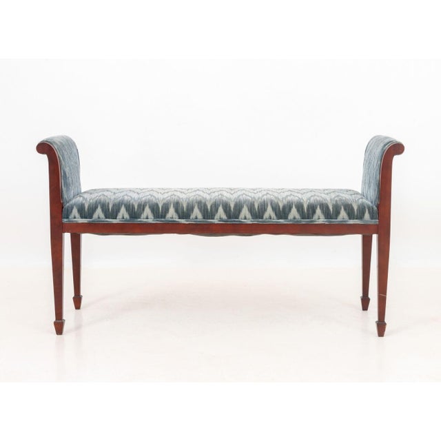 John Widdicomb Blue Velvet Flame Stitch Upholstered Mahogany Window Seat, plaque label to underside. 26" H x 49" W x 16"...