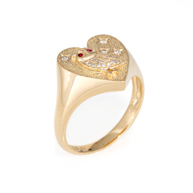 Mid-Century Modern Mid 20th Century Diamond Owl Heart Ring Signet 14k Yellow Gold Sz 6.5 Fine Jewelry Ruby Eyes For Sale - Image 3 of 7