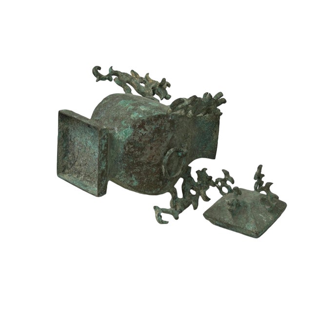 Gray Green Gray Metal Carved Ritual Fengshui Vessel Display Art For Sale - Image 8 of 11