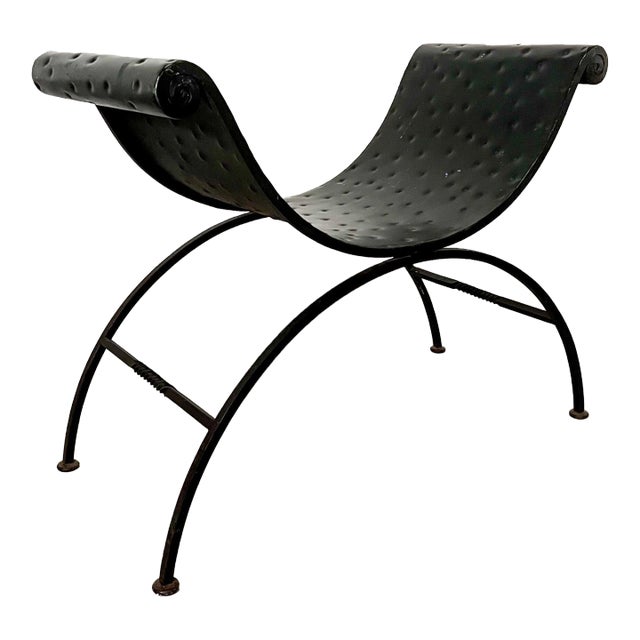 Brutalist Curule-Form Iron and Faux Ostrich Scroll Arm Bench after Giacometti For Sale