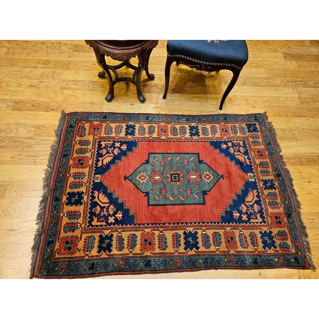 Textile Vintage Kurdish Tribal Area Rug, Handwoven Wool, Red Medallion Design, 4' x 5' For Sale - Image 7 of 18