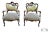 French Walnut Armchairs Louis XV Style Carved Gold Damask Chairs Vintage For Sale