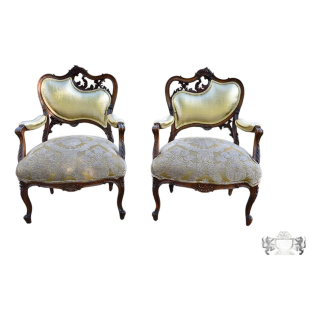 Pair Vtg. French Louis XV Style Carved Walnut Armchairs Gold Damask Chairs For Sale