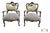 Pair Vtg. French Louis XV Style Carved Walnut Armchairs Gold Damask Chairs For Sale