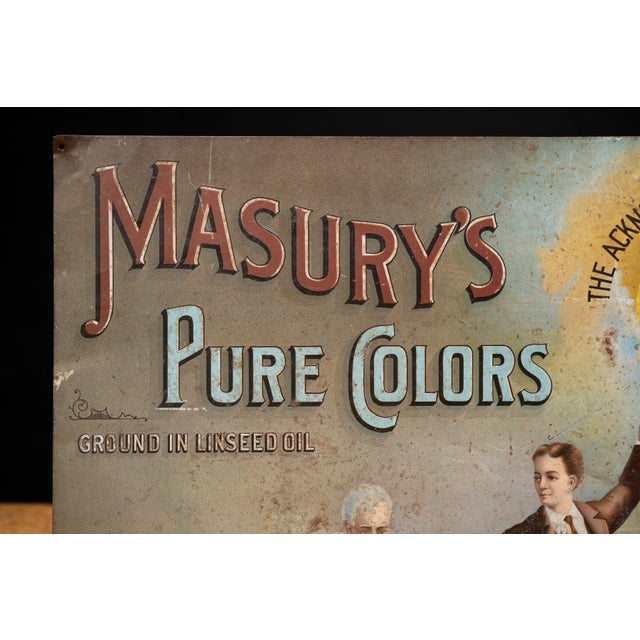 Victorian Early 20th Century "Masury's Pure Colors" Paint Tin Litho Advertising Sign For Sale - Image 3 of 12