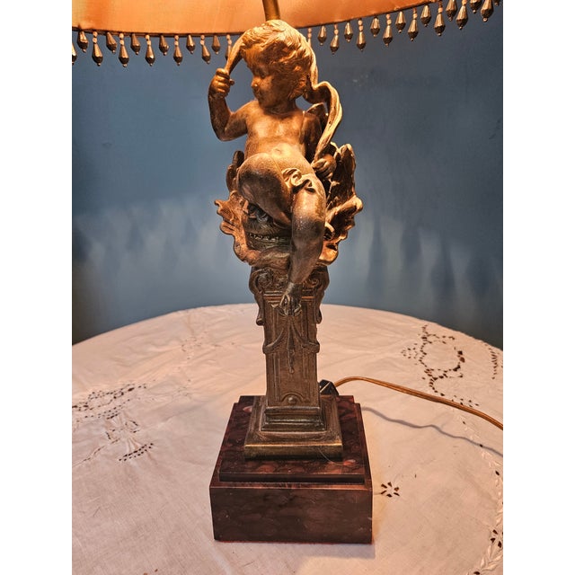 Mid 20th Century Bronze - Ormolu Figural Cherub on Marble Base Lamp For Sale - Image 9 of 9
