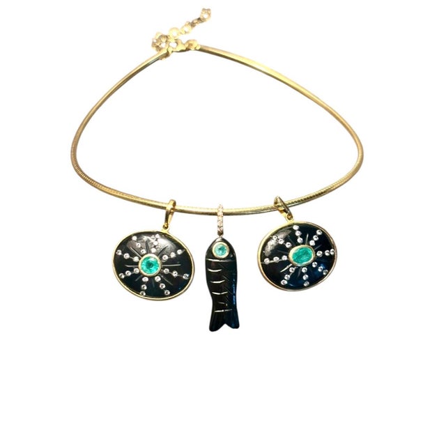 Black Sol Pendant, Black Onyx With Emerald, Diamonds & 14k Gold For Sale - Image 8 of 11