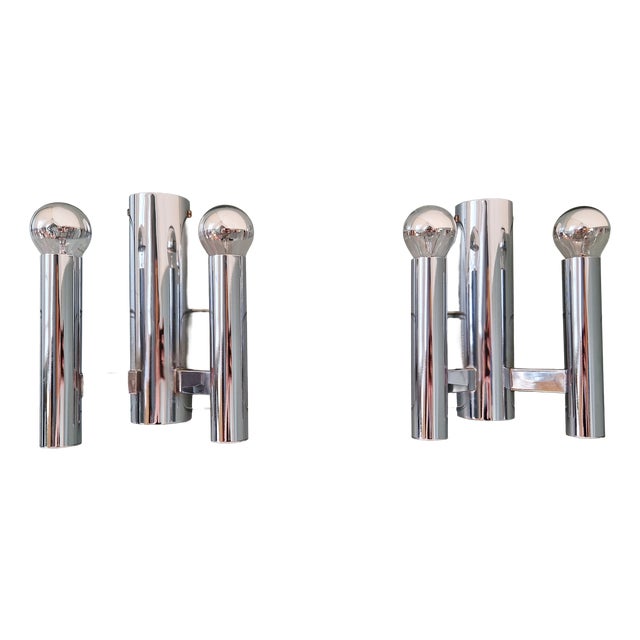 Double Tubular Wall Lights in Chromed Metal by Gaetano Sciolari for Boulanger, 1970s, Set of 2 For Sale