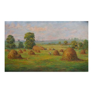 Vintage Ukrainian Impressionism Oil Painting: Autumn Haymaking 60-100 For Sale