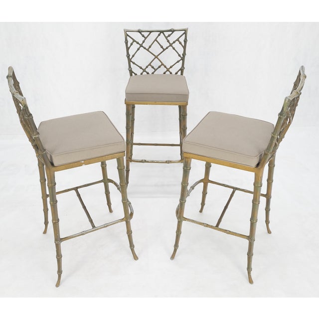 Gray Cast Aluminum set of 3 Faux Bamboo Bar Stools New Alcantera Fabric Upholstery For Sale - Image 8 of 12