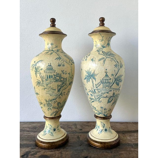 Vintage Crackle Finish Blue Willow Urns - A Pair For Sale - Image 4 of 12