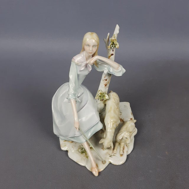 Ceramic Porcelain Sculpture of Shepherdess with Sheep from Creazioni Fabiola, 1950s For Sale - Image 7 of 17