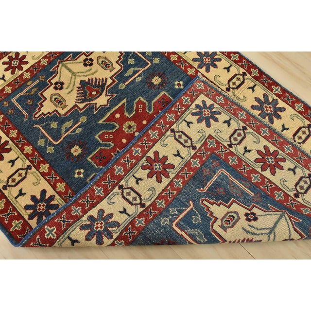 Kazak Rug 3’11” X 5’11” Blue Wool Tribal Hand-Knotted Oriental Carpet For Sale - Image 11 of 12