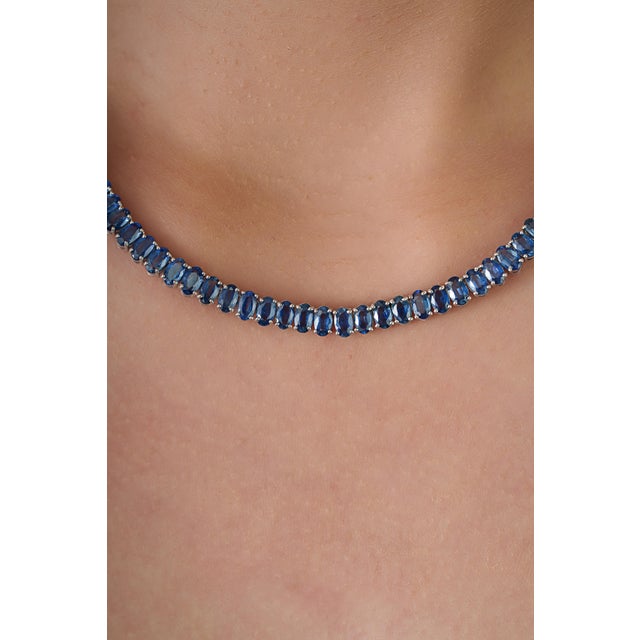 Modern Luxe 34.91ct Blue Sapphire Tennis Necklace in 14k White Gold- 16 Inches For Sale - Image 4 of 15