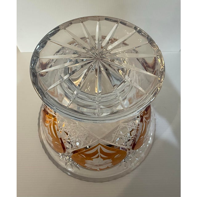 Amber Vintage Polish Julia Cut Crystal Amber Overlay Footed Centerpiece Bowl For Sale - Image 8 of 9
