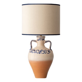 Spanish Revival Terracotta Table Lamp with Linen Shade For Sale