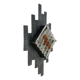 Mid-Century Modern Brutalist Style Wall Lamp in Wrought Iron and Glass, 1970s For Sale