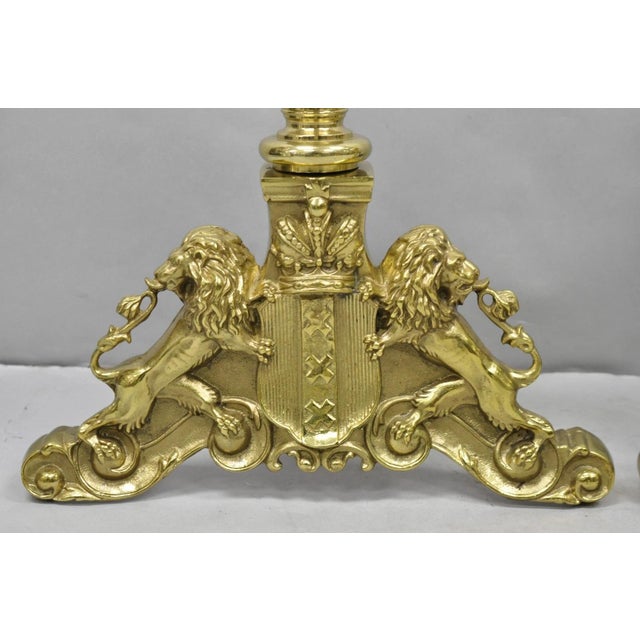 Traditional Mid 20th Century French Empire Renaissance Brass Lion Coat of Arms Cannonball Andirons - A Pair For Sale - Image 3 of 14