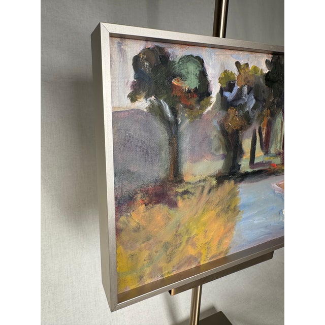 Metal Vintage Post Impressionist Modern Landscape Still Life Original Oil Framed Painting, Pistachio Green, Purple, Blue For Sale - Image 7 of 11