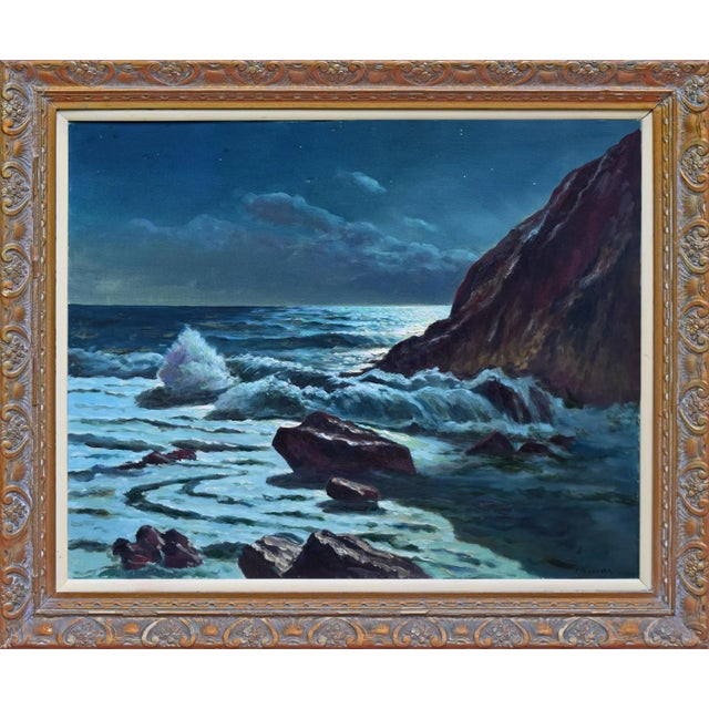 Blue Large Vintage Mid Century Seascape Nocturne Oil Painting by Frank Ferruzza For Sale - Image 8 of 8