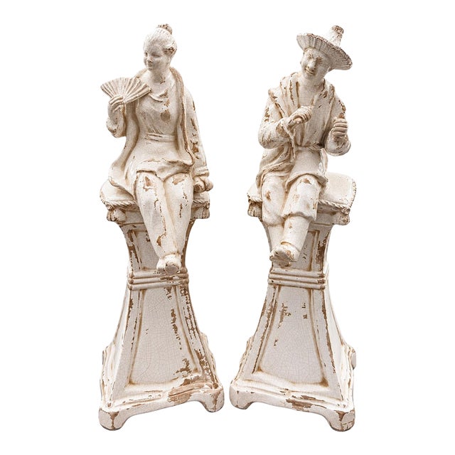 Chelsea House Blanc De Chine Off White Asian Chinoiserie Tall Seated Figures, Man and Woman, a Pair 18” For Sale