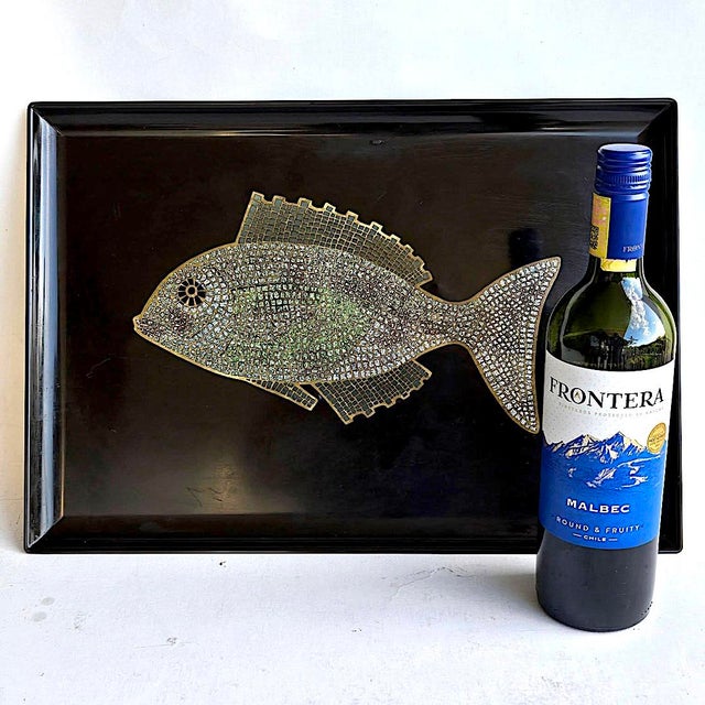 Mid 20th Century Couroc of Monterey Tray With Brass, Turquoise and Stone Inlay Fish For Sale - Image 12 of 15
