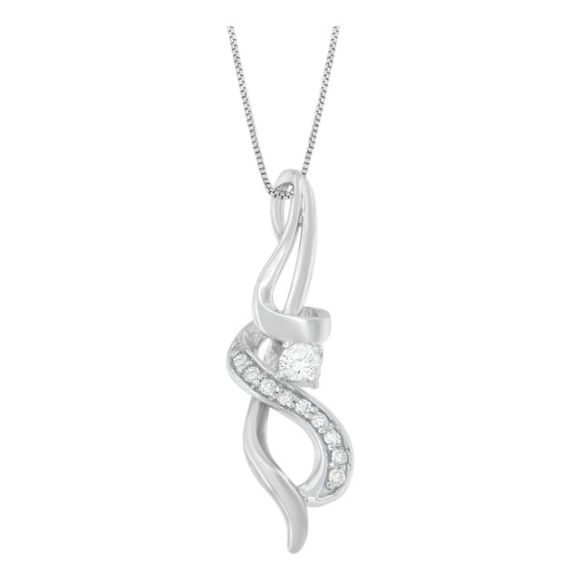 Espira 10K White Gold 1/5 cttw Round Cut Diamond Swirl Pendant Necklace (J-K, I1-I2) For Sale