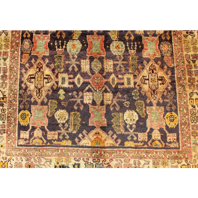 Violet Vintage Persian Mahal Rug With Repeating Tribal Motifs in Rich Brown, Soft Green 4′3″ × 6′5″ For Sale - Image 8 of 11