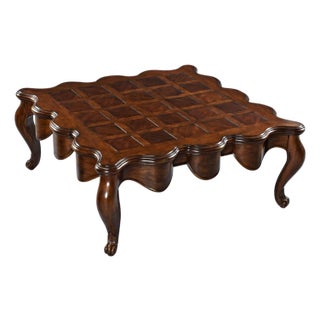 Marge Carson 57 Inch Square Regency Coffee Table Parquet Scalloped Edge Cabriole Legs For Sale