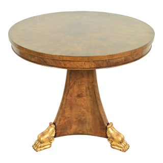 Baker Furniture Style French Empire Burl Wood and Gold Gilt Pedestal Breakfast Table or Center Table For Sale