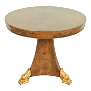Baker Furniture Style French Empire Burl Wood and Gold Gilt Pedestal Breakfast Table or Center Table