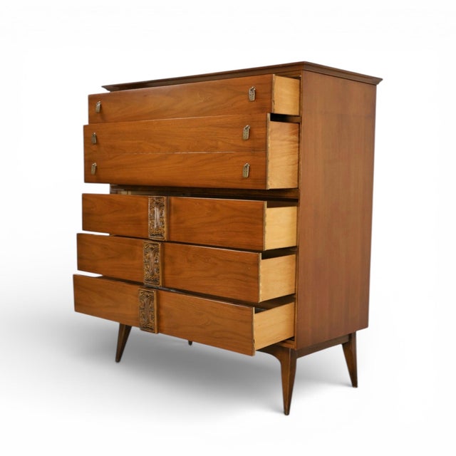 Wood Bassett Mayan Vintage MCM Tiki Highboy Dresser, C. 1960s For Sale - Image 7 of 10