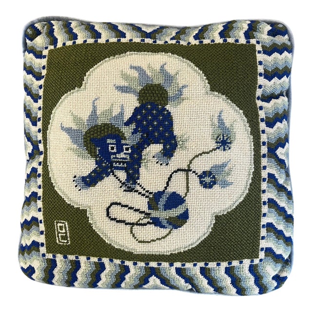 Vintage Needlepoint Pillow Foo Lion For Sale