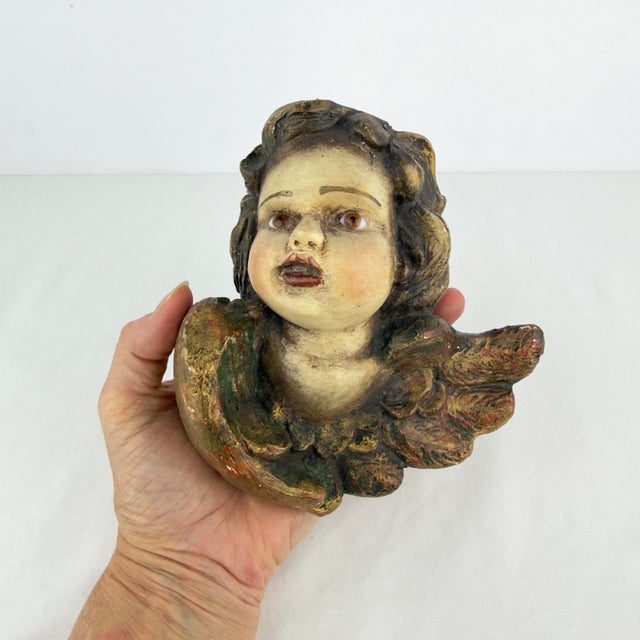 Vintage Hand Painted Plaster Winged Putti With Glass Eyes For Sale - Image 11 of 11