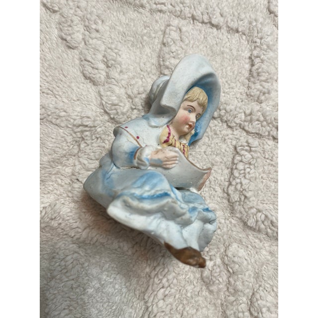 Vintage Bisque Porcelain Girl Figurine With Blue Bonnet For Sale - Image 4 of 8
